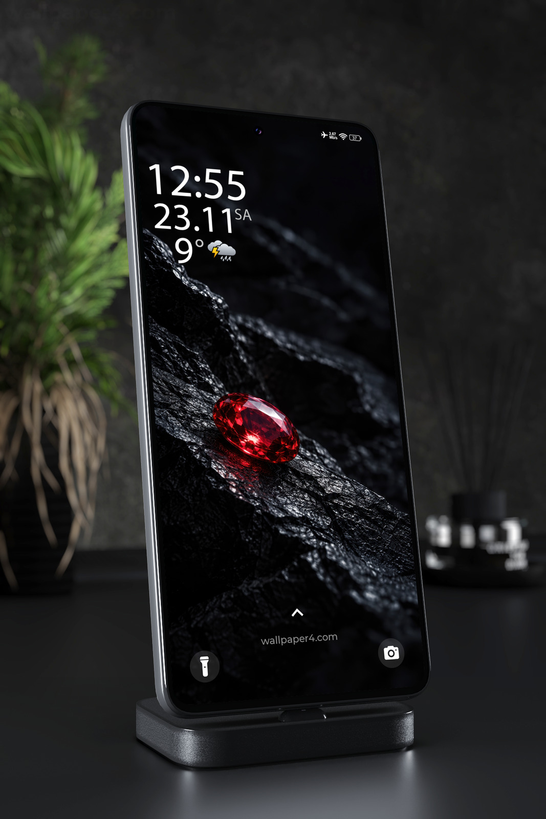 Phone Wallpaper 9183 - Crimson Faceted Gem on Black Volcanic Stone