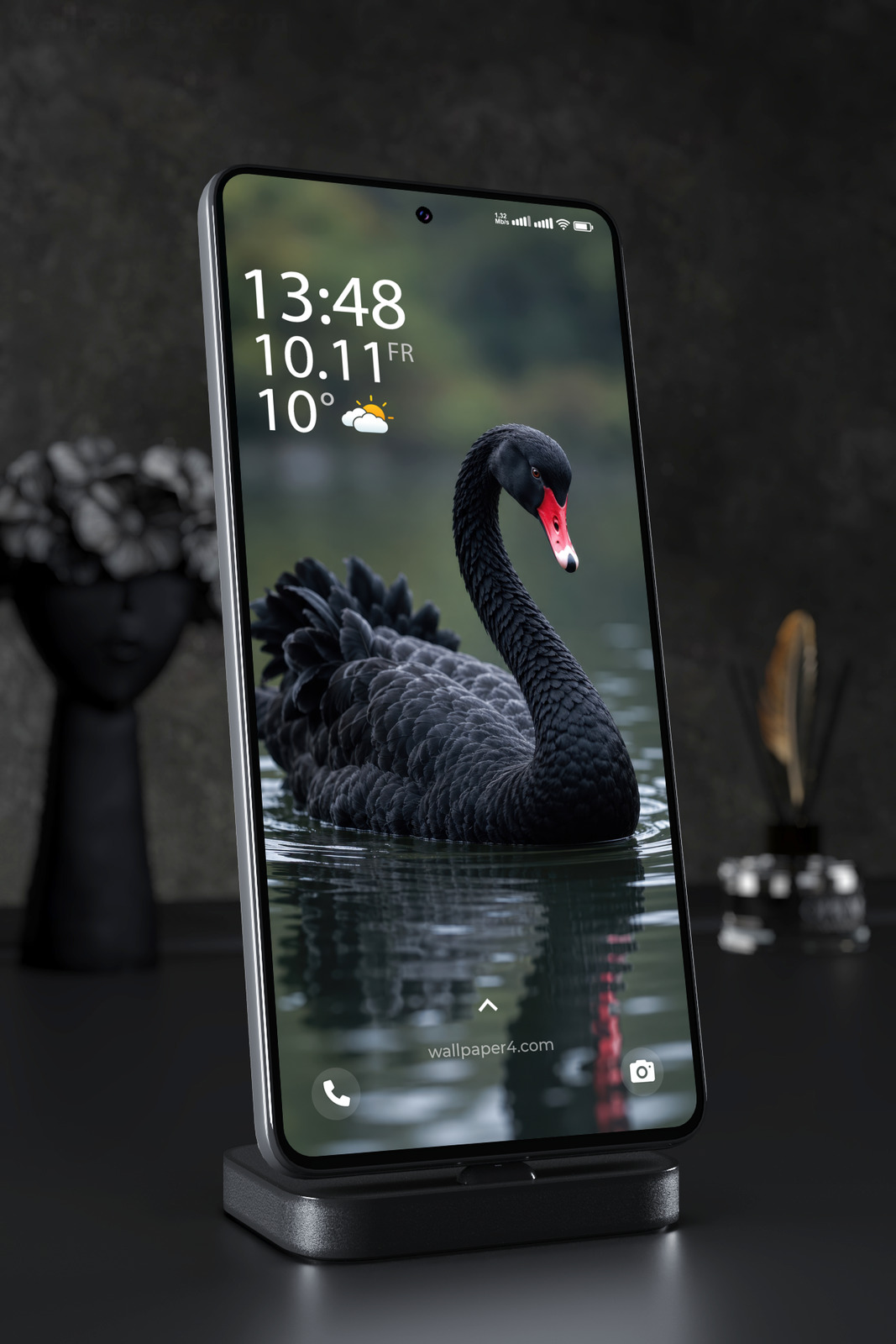 Mobile Wallpaper 9192 - Black Swan with a Vivid Red Beak