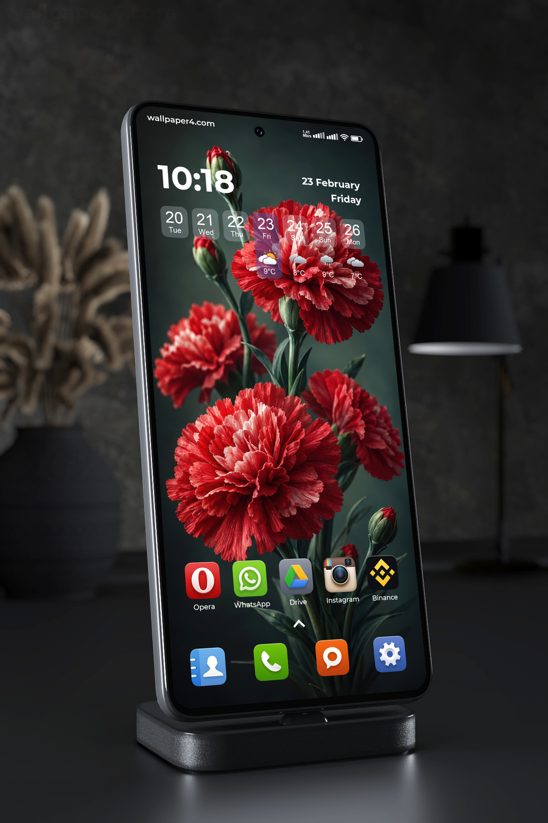 Phone Wallpaper 9204 - Red Carnations and Buds on Deep Green