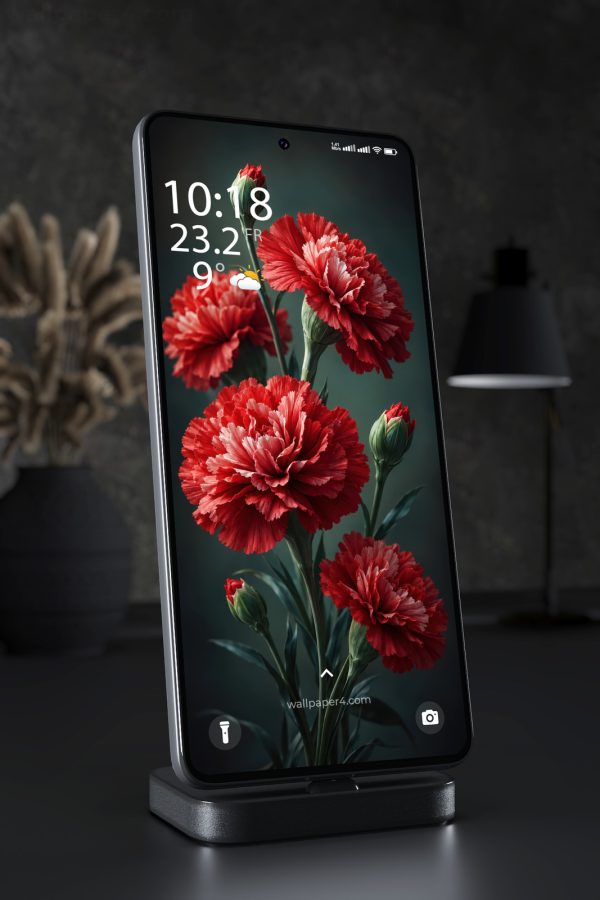 Mobile Wallpaper 9204 - Red Carnations and Buds on Deep Green