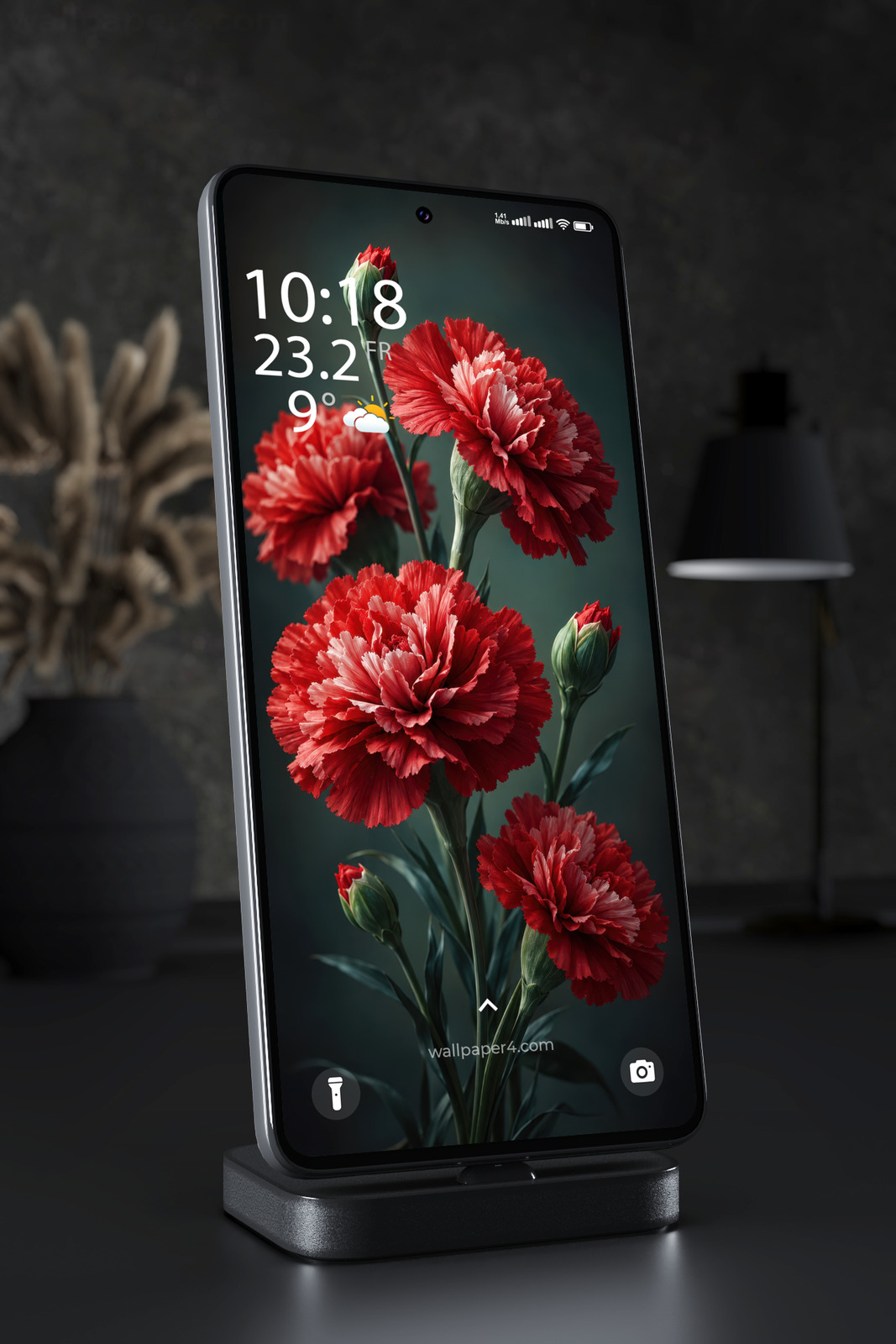 Mobile Wallpaper 9204 - Red Carnations and Buds on Deep Green