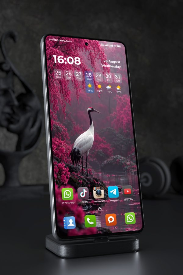 Phone Wallpaper 9222 - White Crane Beneath Cascading Pink Blossoms
