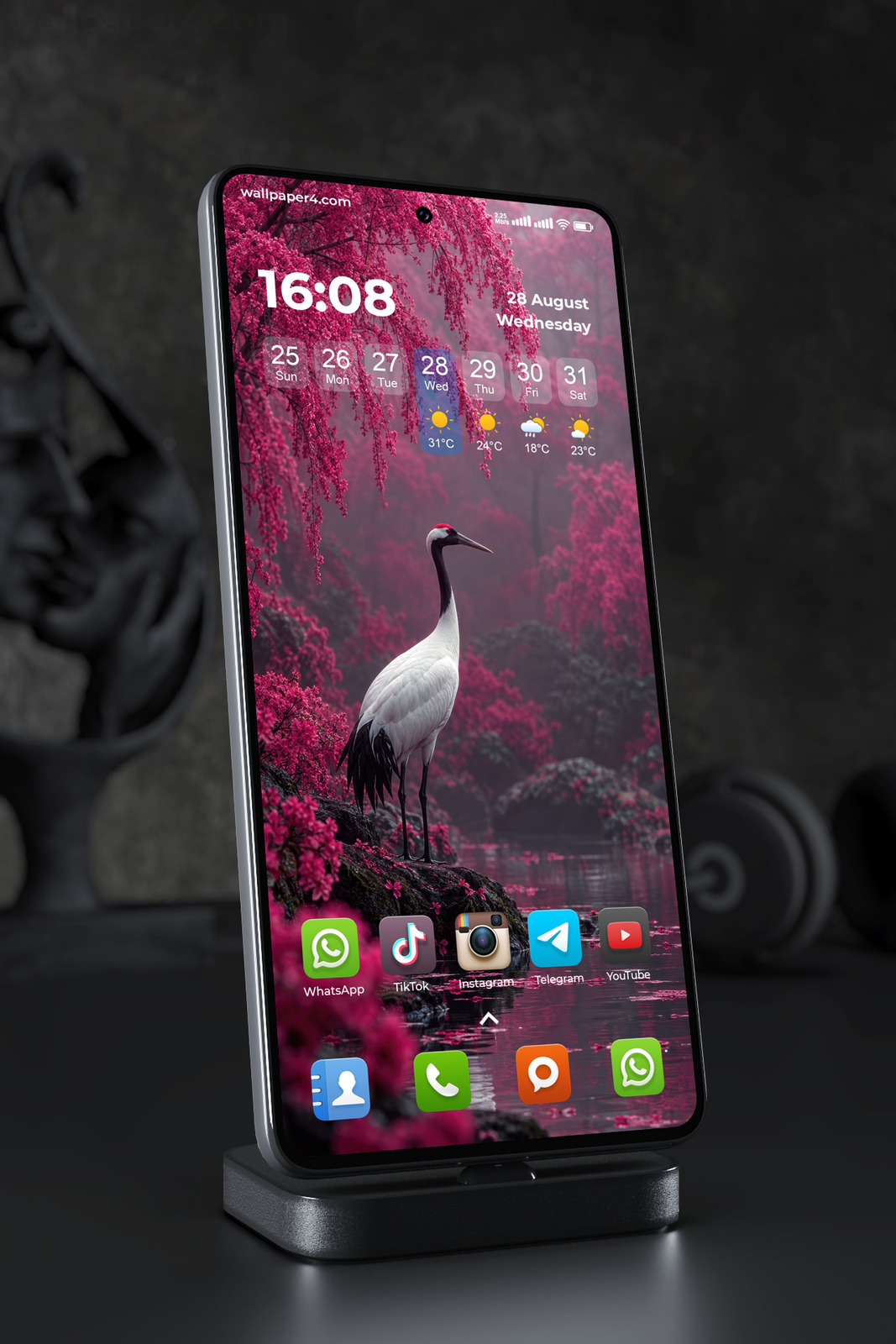 Phone Wallpaper 9222 - White Crane Beneath Cascading Pink Blossoms