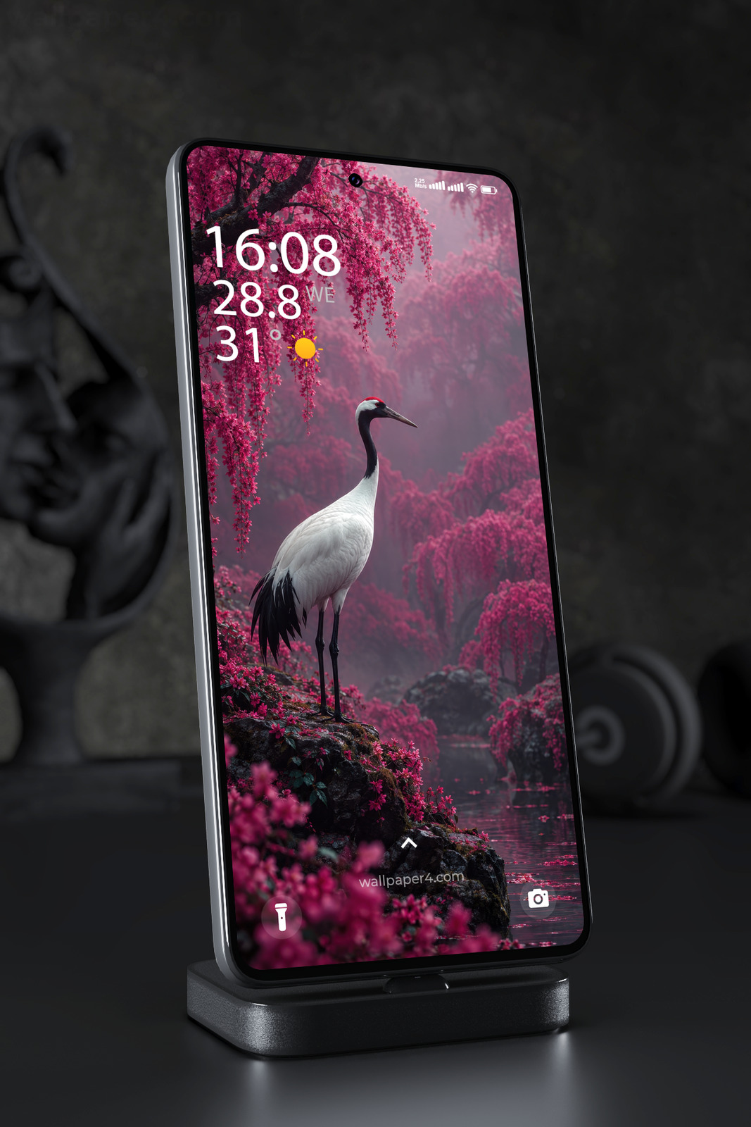 Mobile Wallpaper 9222 - White Crane Beneath Cascading Pink Blossoms