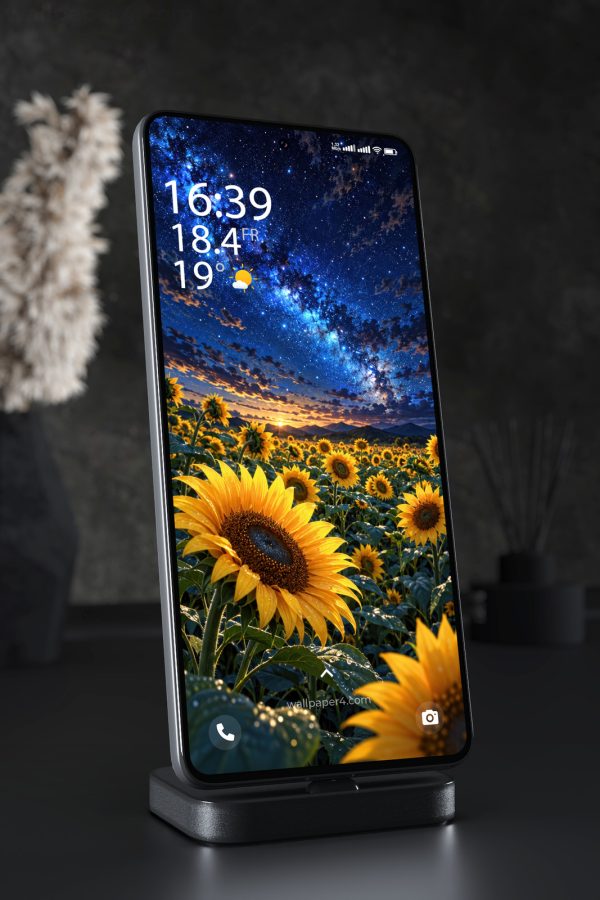 Mobile Wallpaper 9228 - Sunflowers Beneath a Bright Milky Way