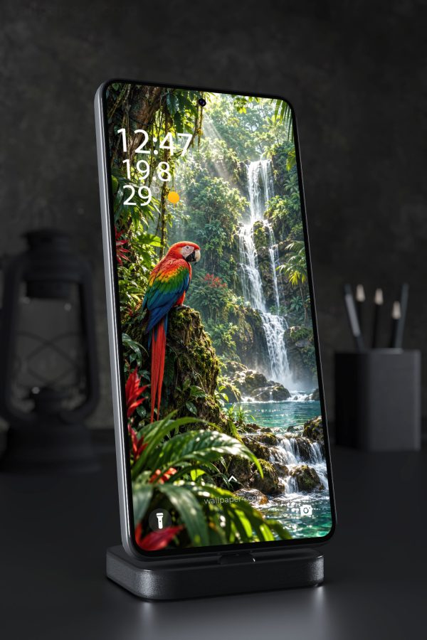 Phone Wallpaper 9234 - Scarlet Macaw by a Sunlit Jungle Waterfall