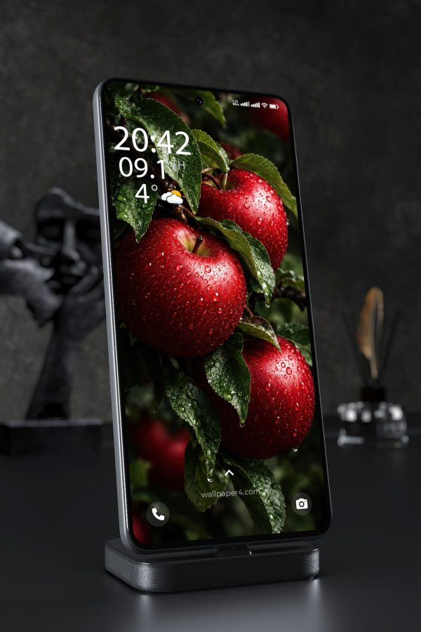 Phone Wallpaper 9254 - Rain-Dotted Red Apples on a Leafy Branch