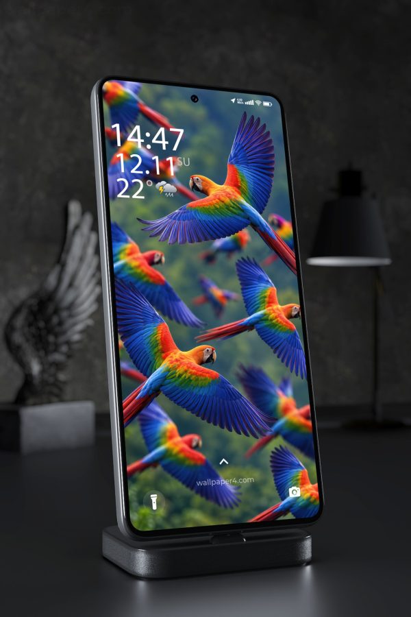 Phone Wallpaper 9266 - Colorful Macaws in Flight Through Green Air