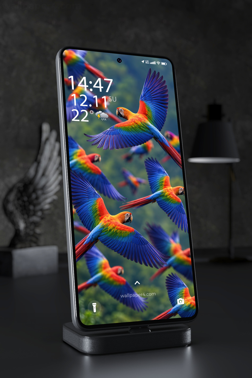 Phone Wallpaper 9266 - Colorful Macaws in Flight Through Green Air