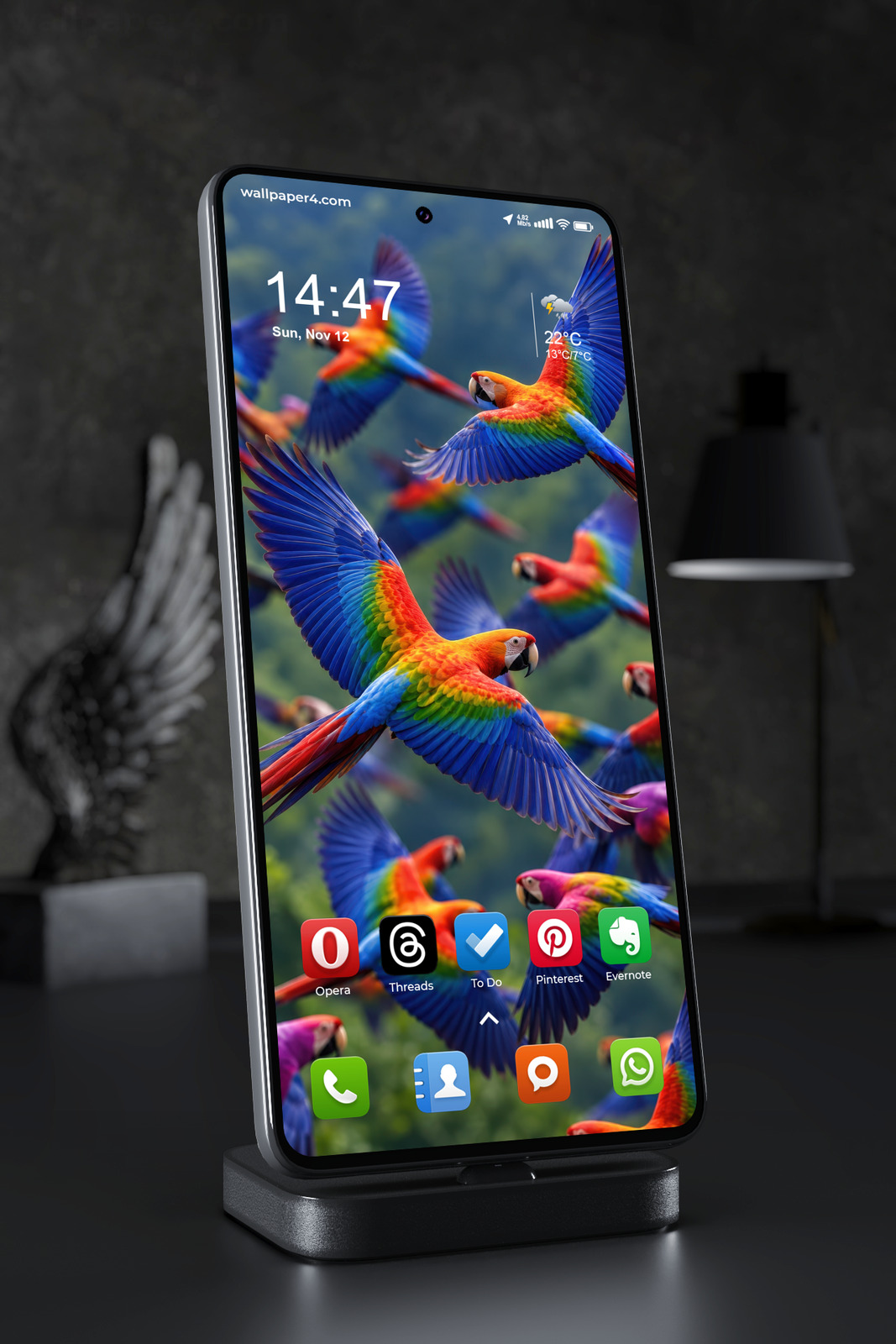 Mobile Wallpaper 9266 - Colorful Macaws in Flight Through Green Air