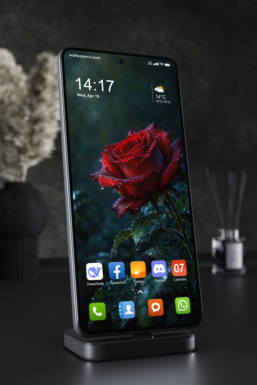 Phone Wallpaper 9272 - Rain-Dark Red Rose with Dewy Leaves