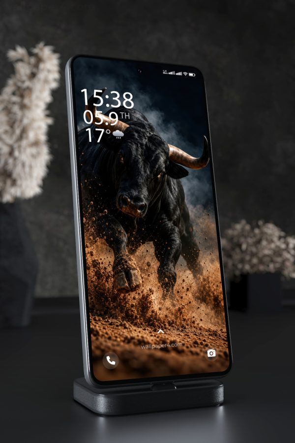 Mobile Wallpaper 9281 - Charging Black Bull Through Flying Dust