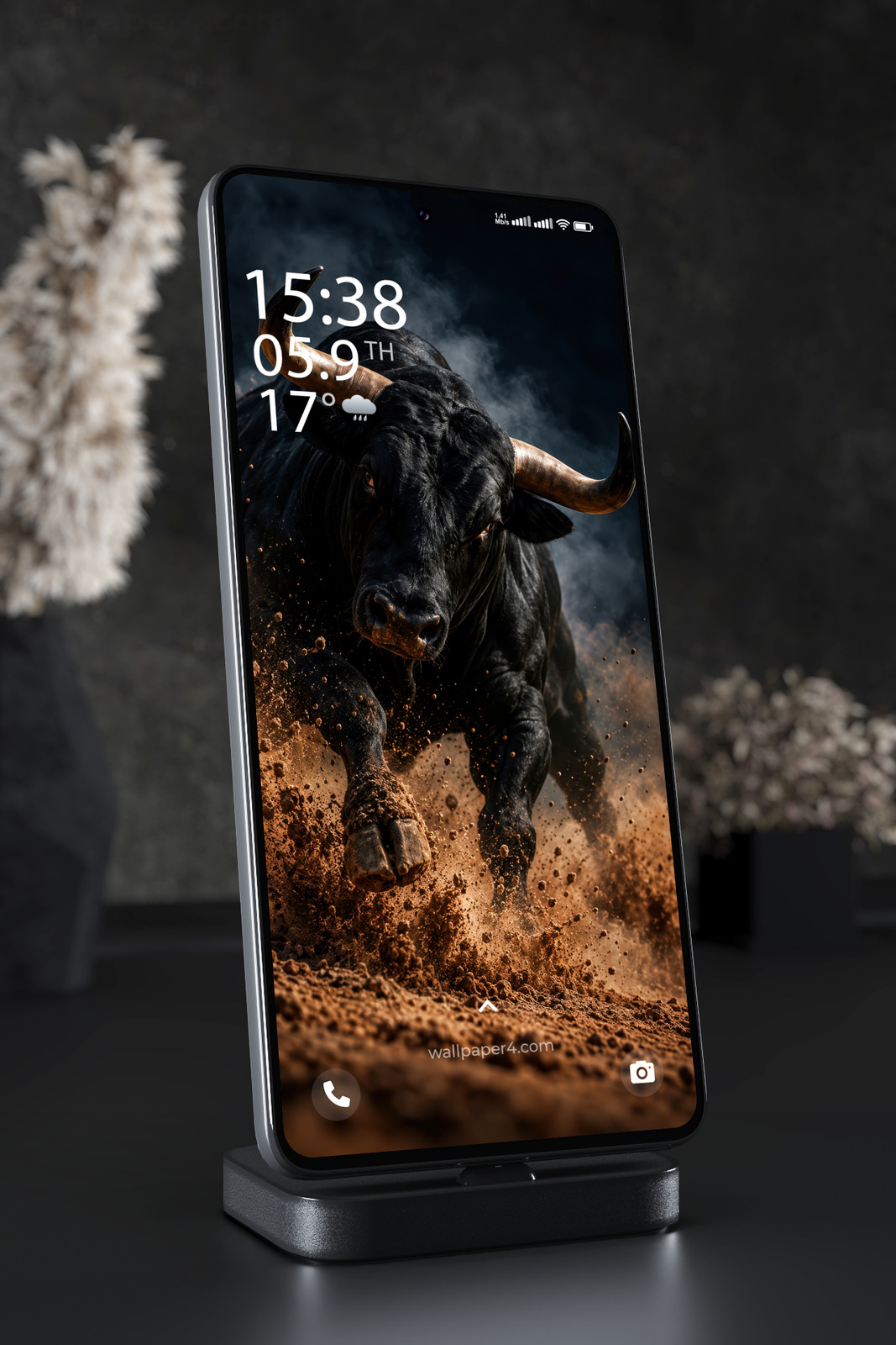 Mobile Wallpaper 9281 - Charging Black Bull Through Flying Dust