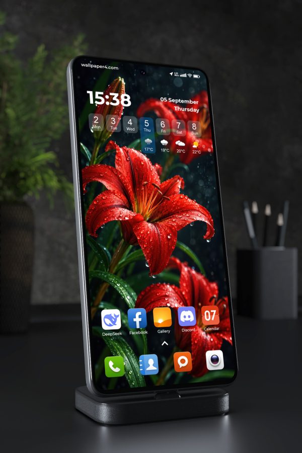 Phone Wallpaper 9287 - Rain-Dropped Red Lilies in Deep Green