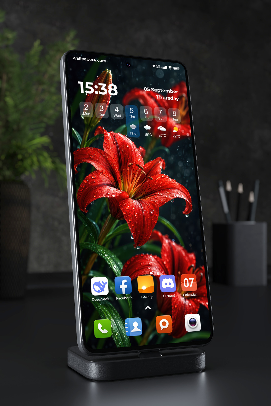 Phone Wallpaper 9287 - Rain-Dropped Red Lilies in Deep Green