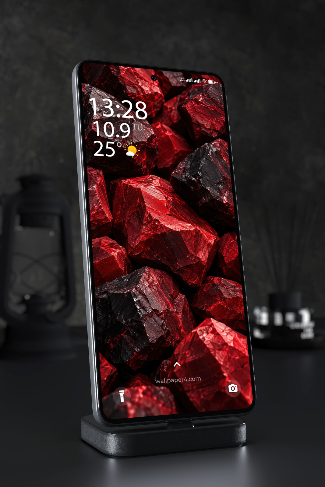 Phone Wallpaper 9293 - Crimson and Black Faceted Mineral Forms
