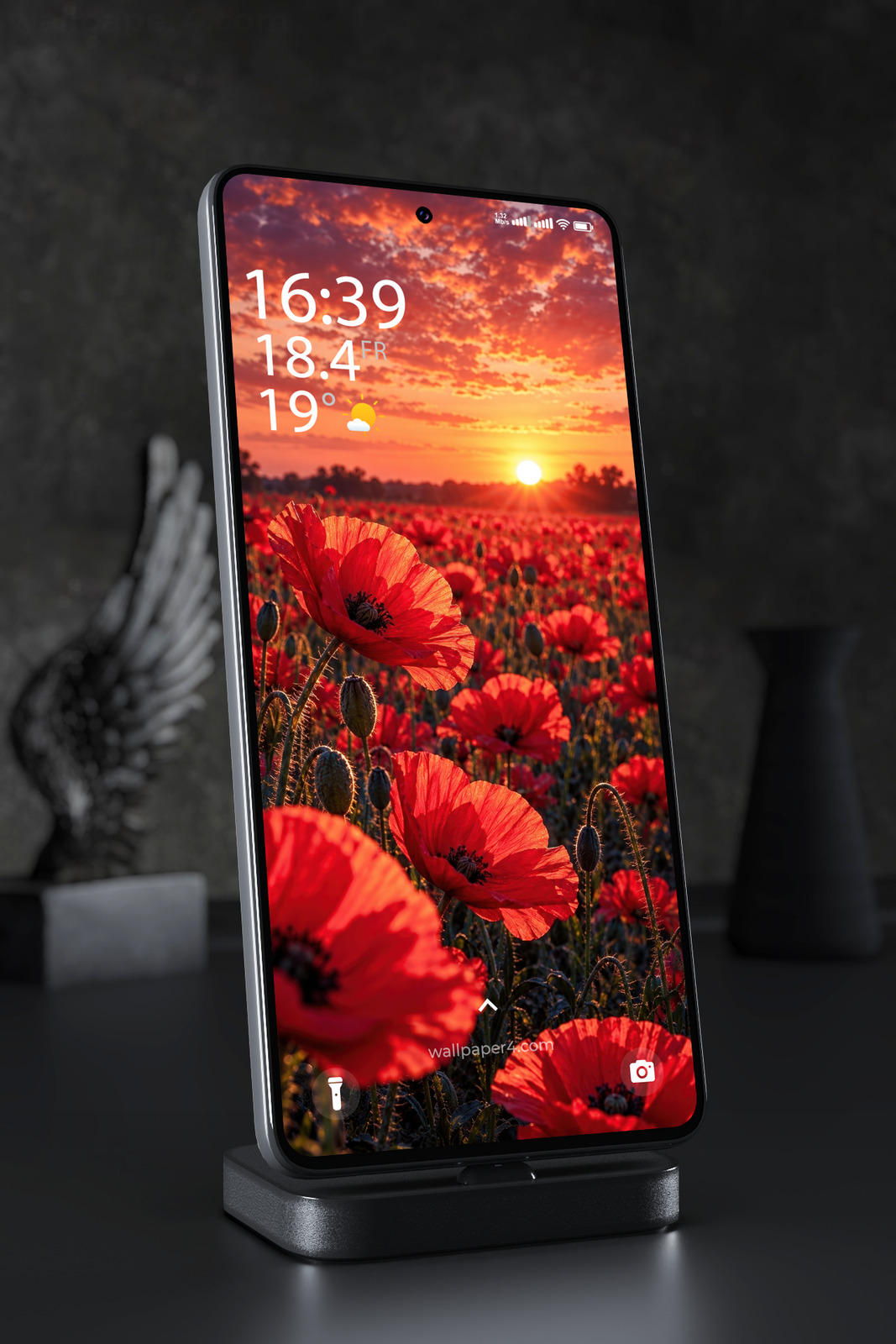 Phone Wallpaper 9317 - Red Poppies Beneath a Glowing Sunset Sky