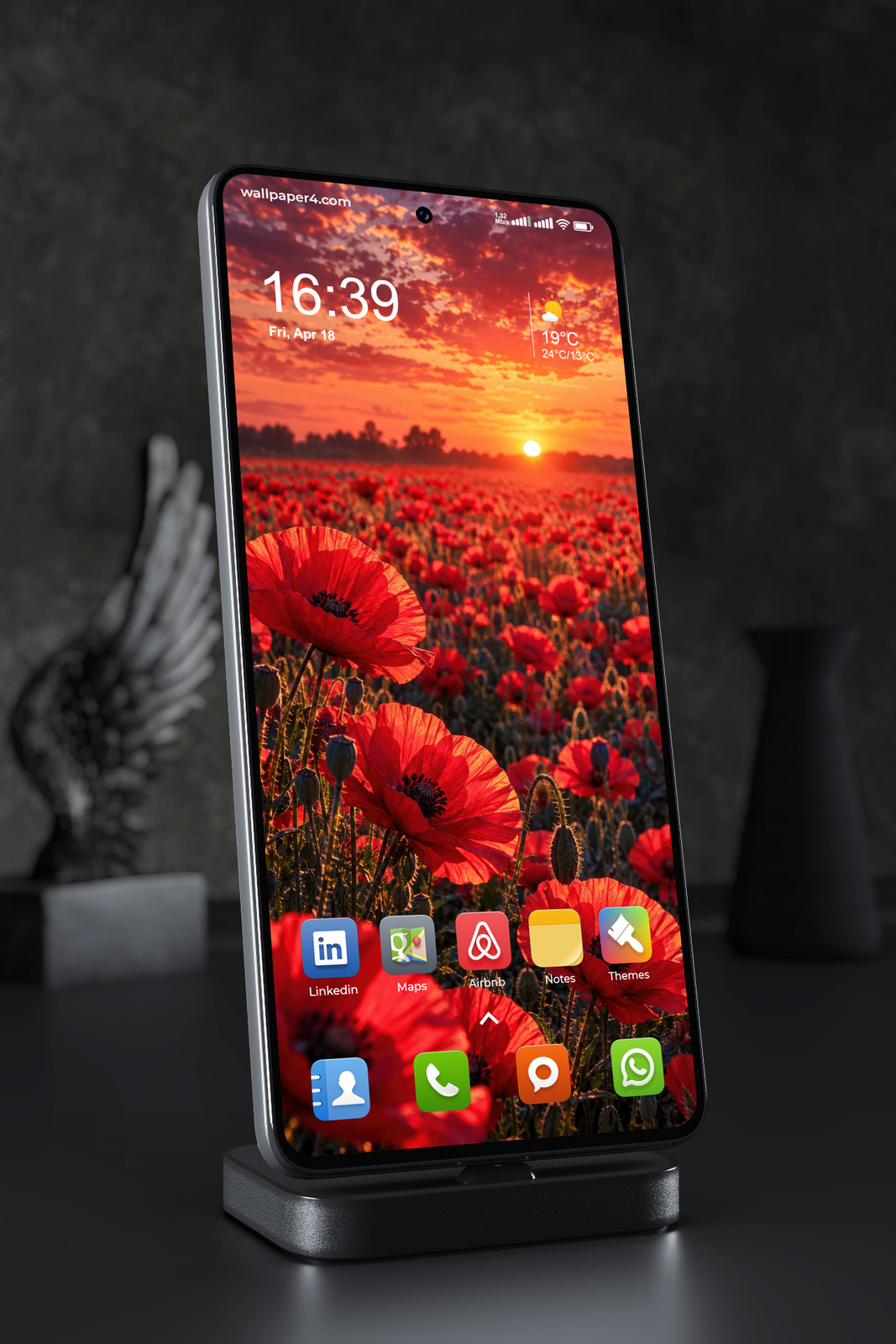 Mobile Wallpaper 9317 - Red Poppies Beneath a Glowing Sunset Sky