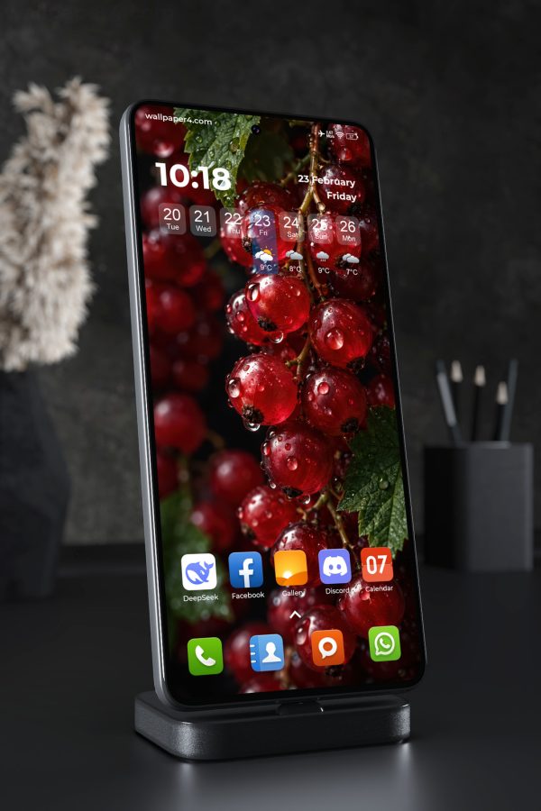 Phone Wallpaper 9338 - Rain-Dropped Red Currants on Green Branches