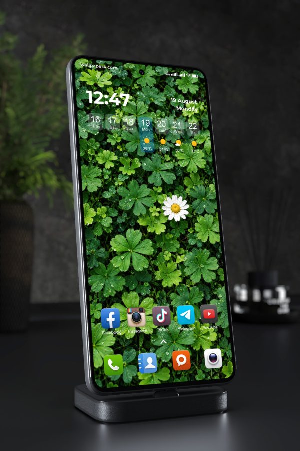 Phone Wallpaper 9341 - Rainy Clover Leaves with a Single White Daisy