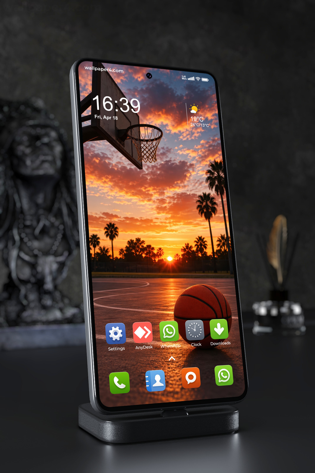 Phone Wallpaper 9350 - Basketball Court at a Palm-Lined Sunset